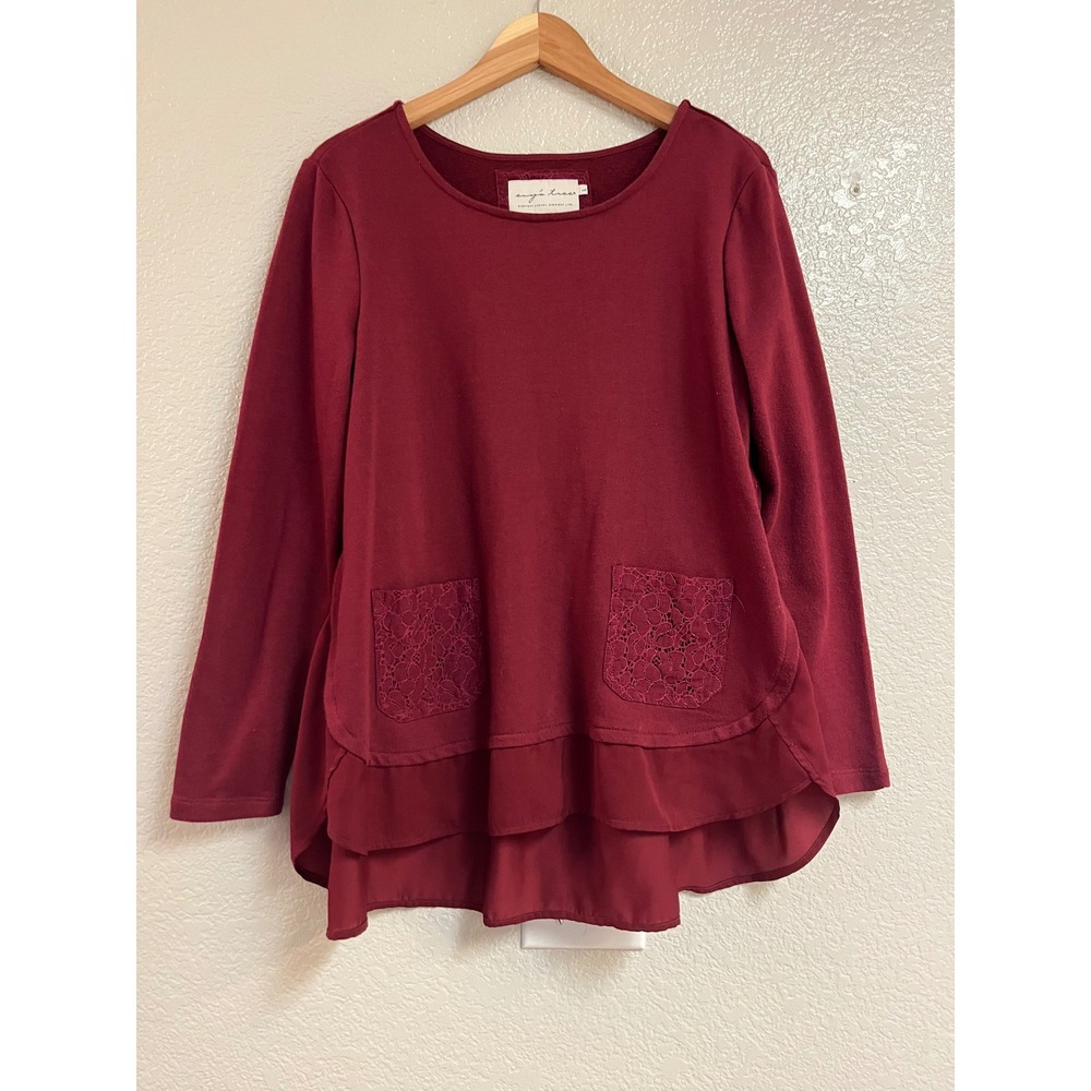 Evys Tree Burgundy Lace Pocket Tiered Ruffle Mixed Media Top Large ETTMF16